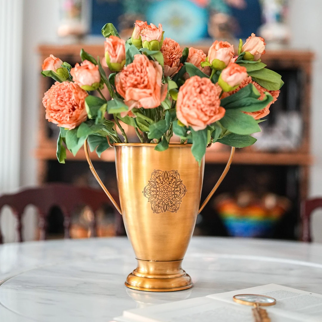 【奇居视频】黄铜双耳花瓶配2头腾飞荷苞牡丹香槟色10支装#GY