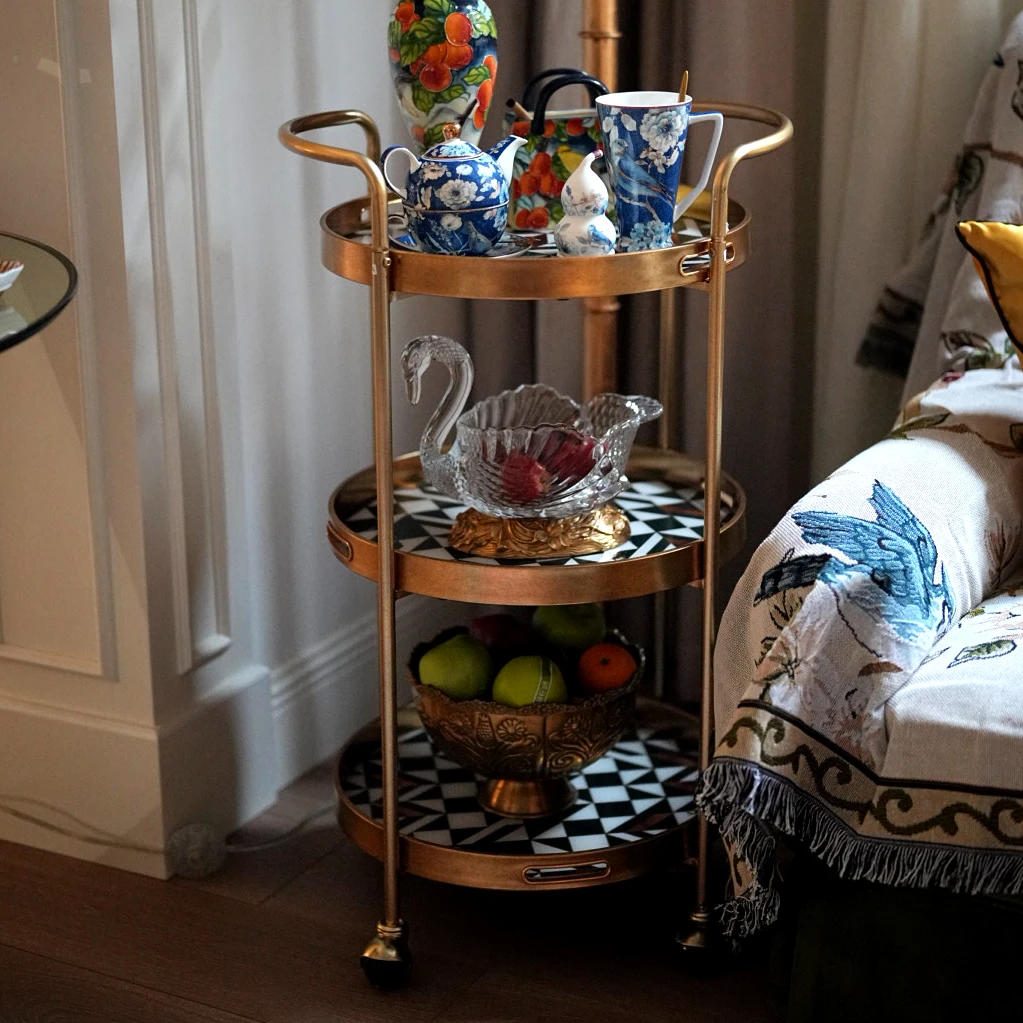 【奇居视频】格子花纹可移动餐车酒车厨房三层置物架#CX32506