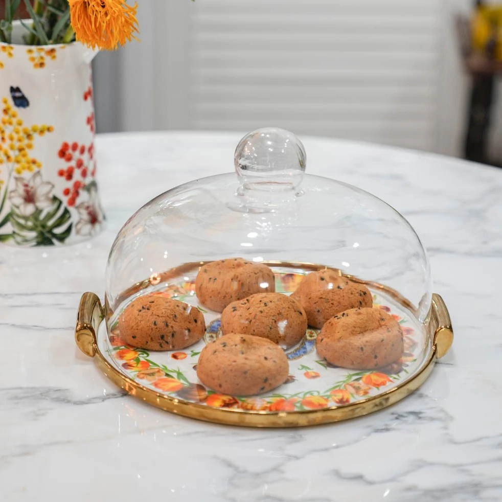 【达人】 轻奢高白强化瓷带玻璃盖描金 郁金香12寸蛋糕盘