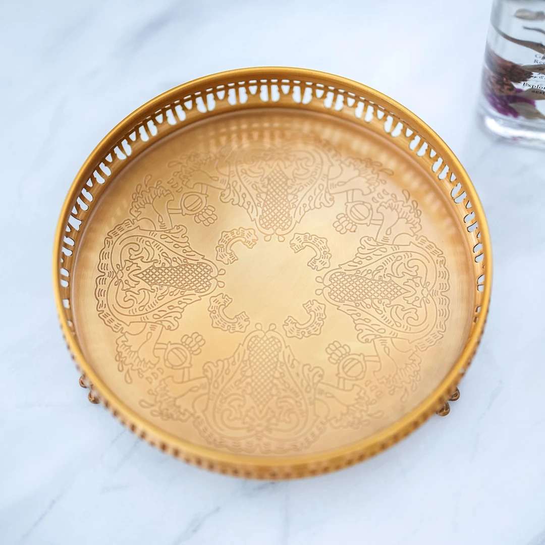 【奇居视频】黄铜镂空边古典刻花圆托盘客厅卧室桌面收纳盘#GY
