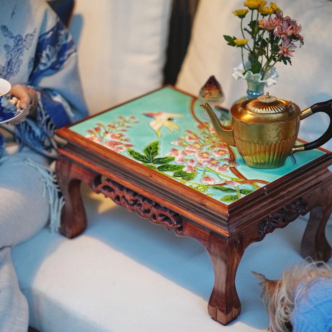 奇居良品 DF榆木彩绘浮雕瓷春燕衔泥炕桌边几 客厅茶室飘窗台炕几