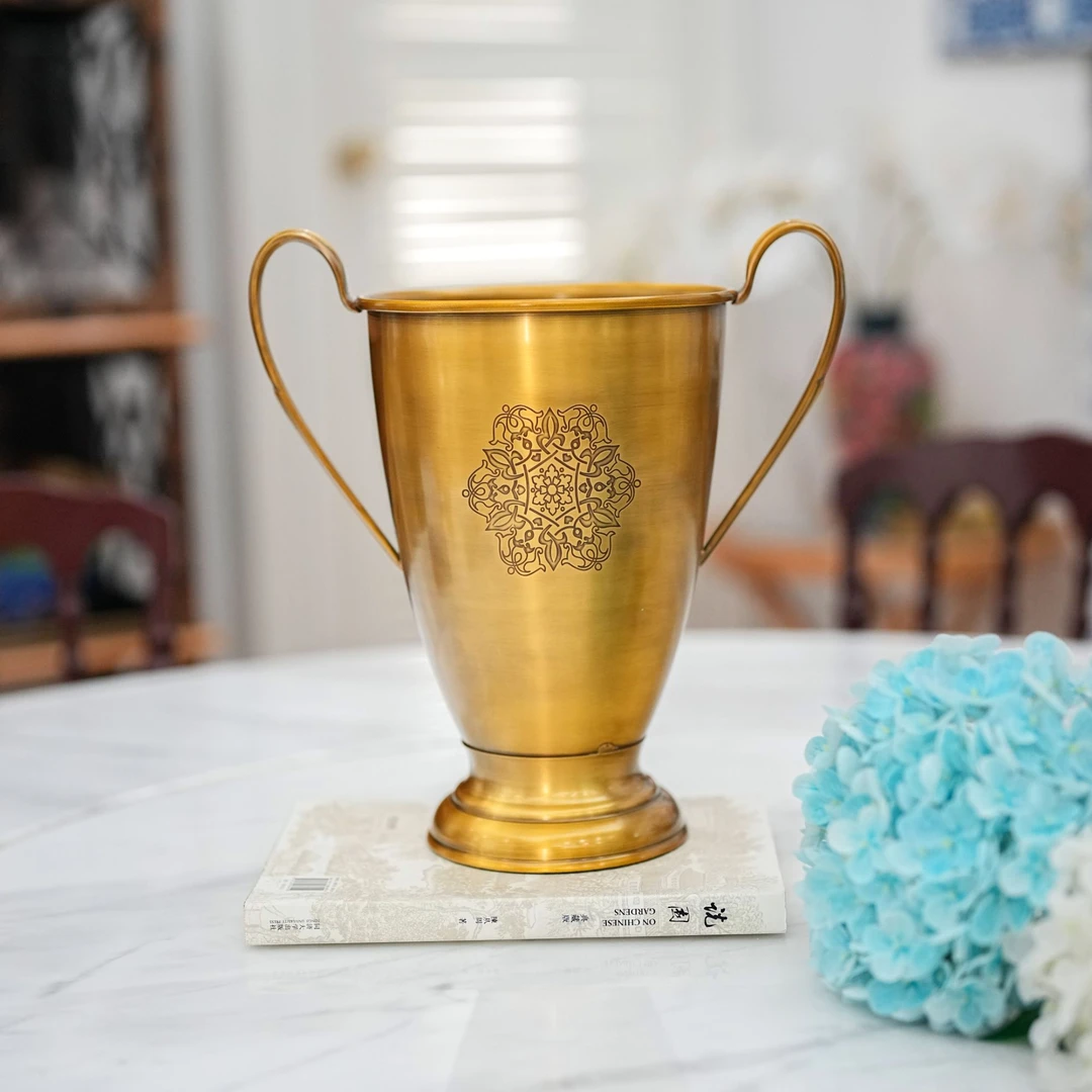【奇居专属】黄铜双耳花瓶摆件轻奢欧式复古家用奖杯花瓶#GY