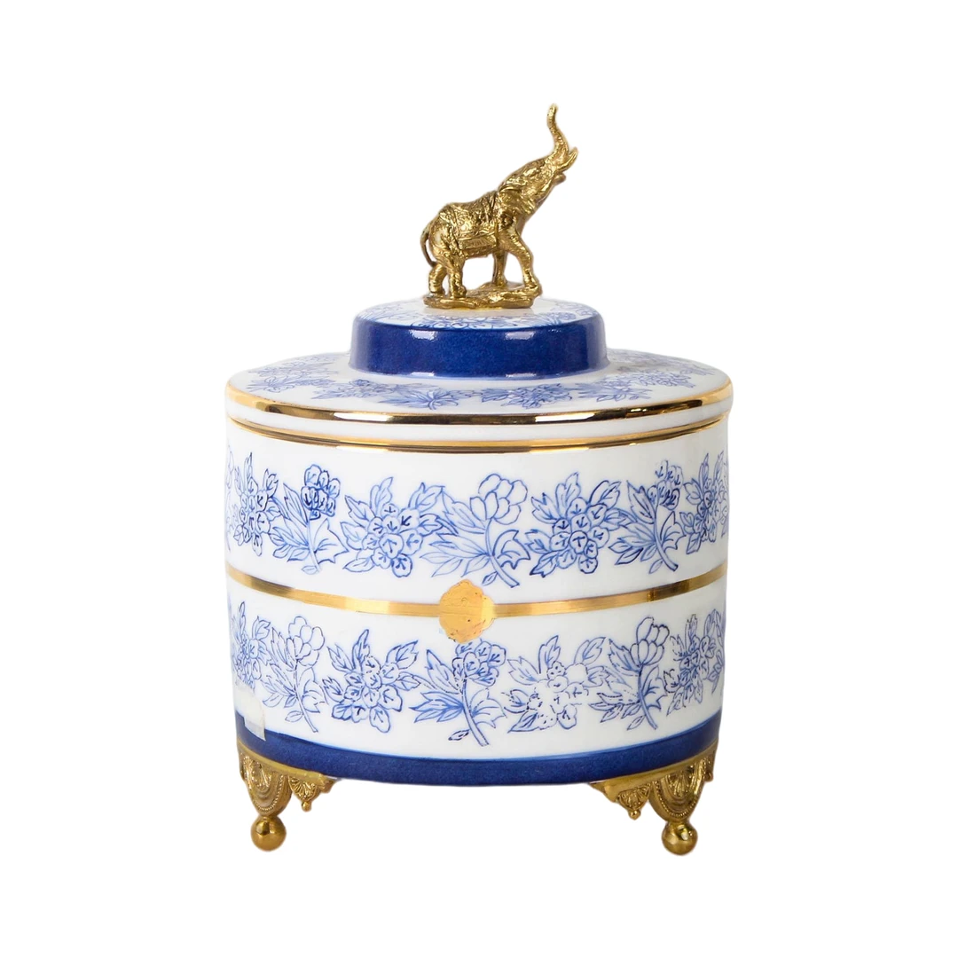 高温瓷配铜蓝田生玉小象盖盒客厅收纳摆件#JW-1287-MS91