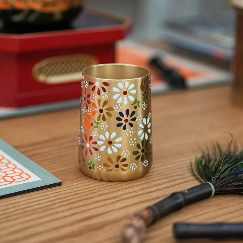 【奇居视频】珐琅彩梯形黄铜笔签筒收纳罐客厅茶室桌面摆件#A8