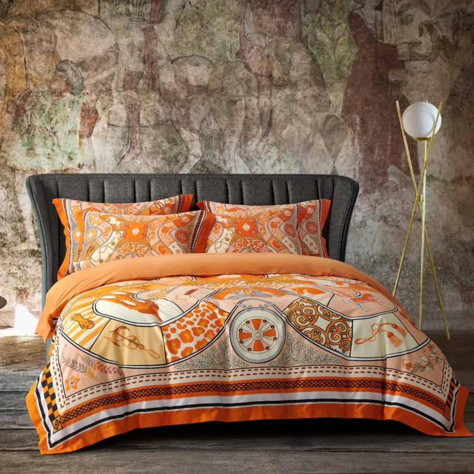 【奇居专属】长绒棉数码印花床品100支四件套装 巴塞罗那桔色