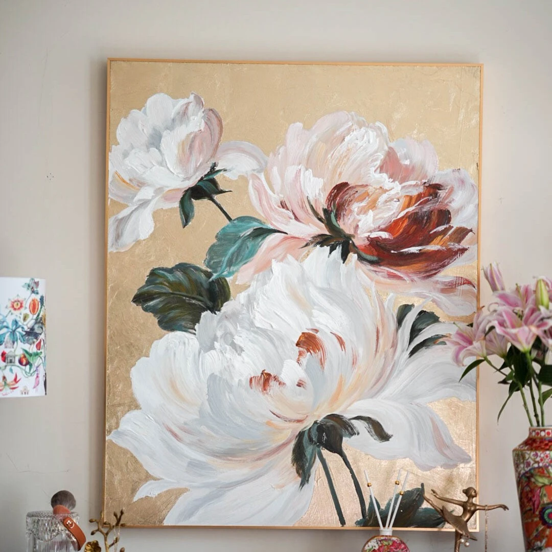 【奇居专属】现代画手工油画金箔富贵花开/金叶花开