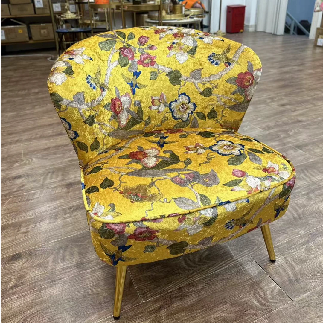 轻奢美式黄色冰花绒单人沙发椅 客厅家用小沙发