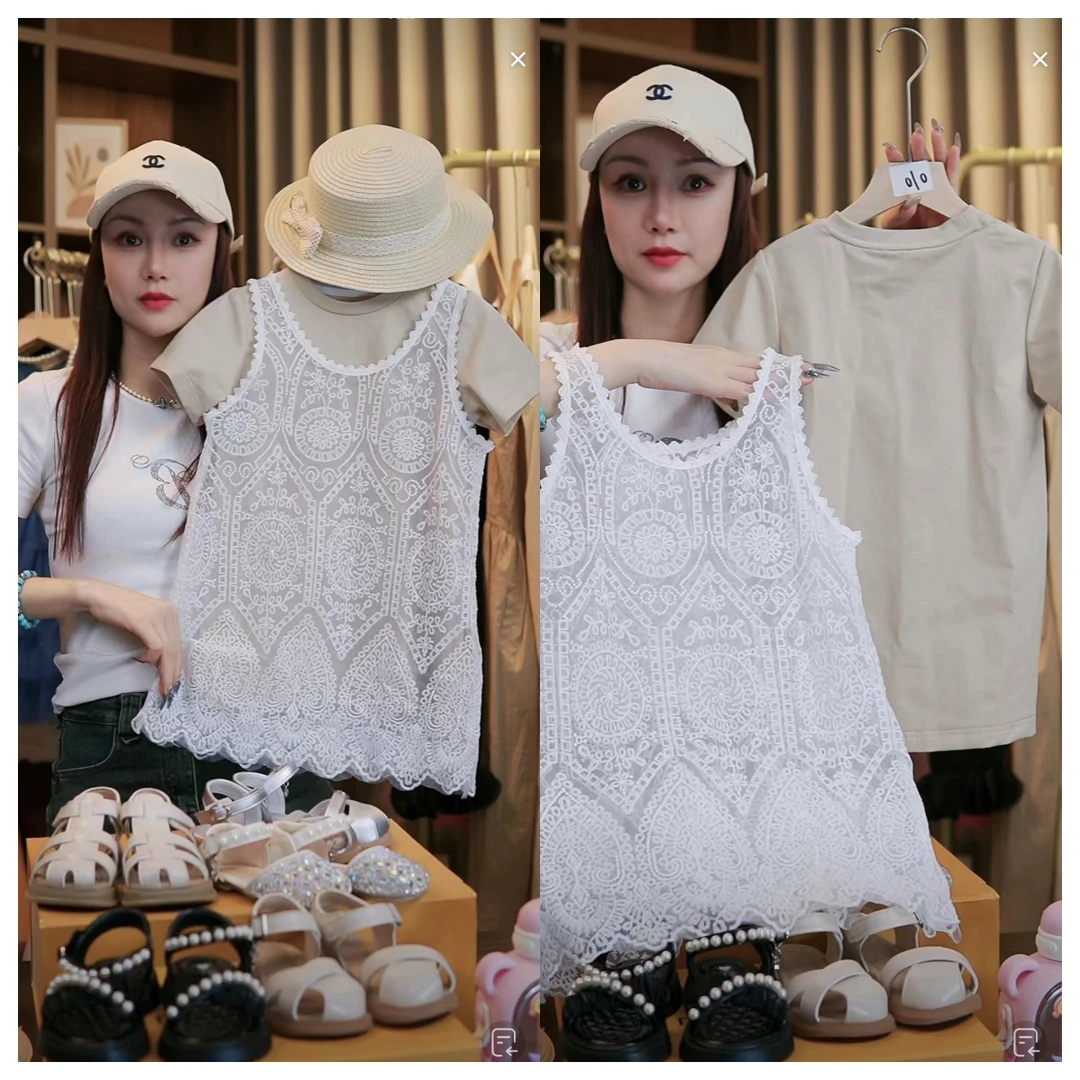 YH240389套装女童蕾丝针织百搭春夏镂空纯色外穿夏季2024连衣裙潮