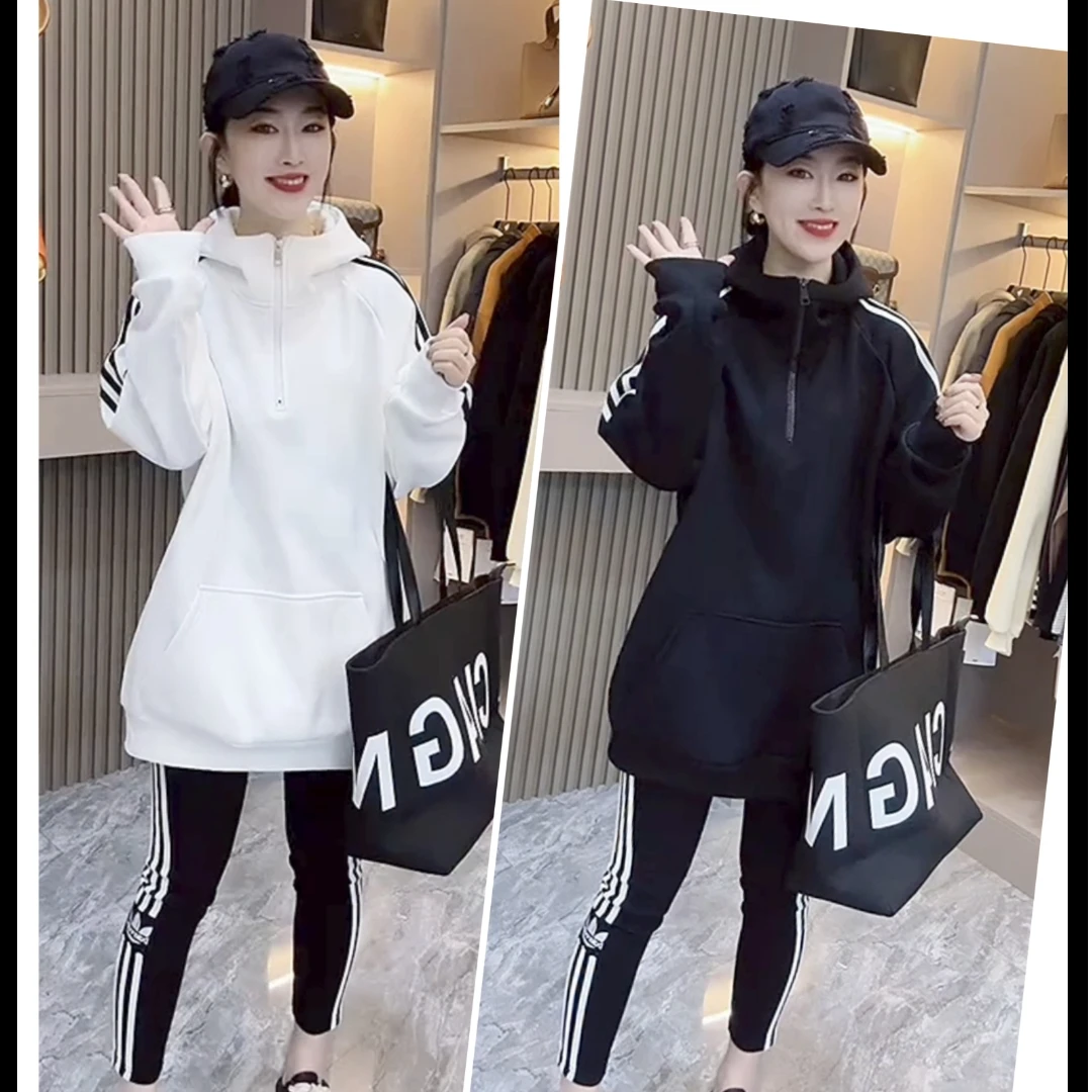 欧货时尚洋气三道杠连帽中长卫衣秋冬新款显瘦上衣韩潮外穿宽松通