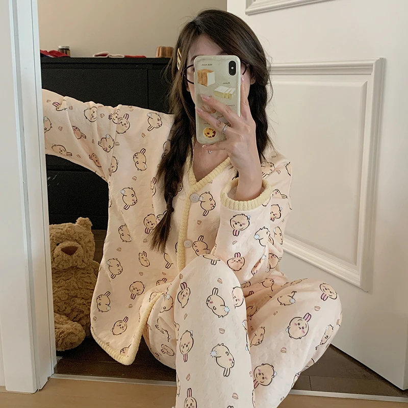 多款式】220斤空气棉夹层大码睡衣女秋冬长袖开衫甜美家居服套装