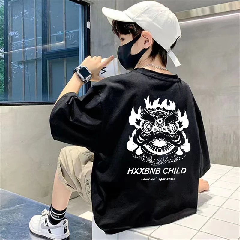 【100%纯棉】国潮醒狮短袖男童T恤夏季2024中大童上衣服休闲时髦潮