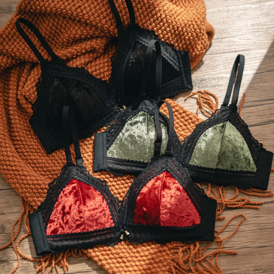 法式金丝绒内衣女小胸聚拢无钢圈防下垂舒适保暖女士文胸罩