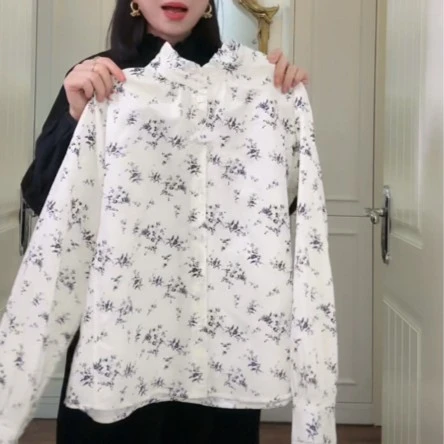 文艺丝棉缎印花花朵领短衬衣B369231