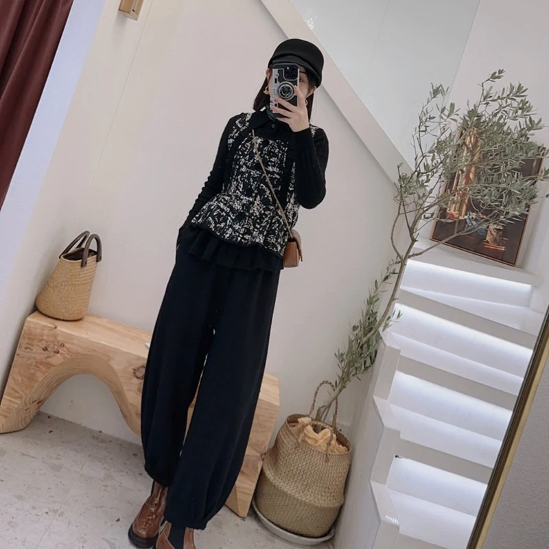 时尚百搭缩绒宽松显瘦羊腿裤松紧腰洋气黑色休闲女长裤P508241