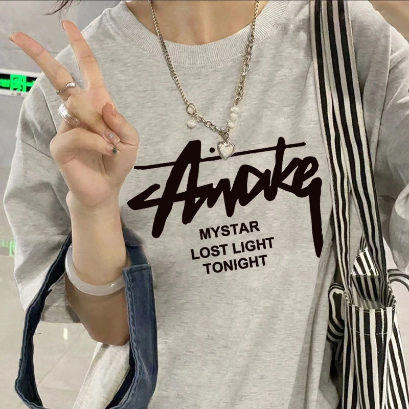 短袖t恤女夏季新款宽松圆领显瘦oversize印花小众纯棉男短袖677