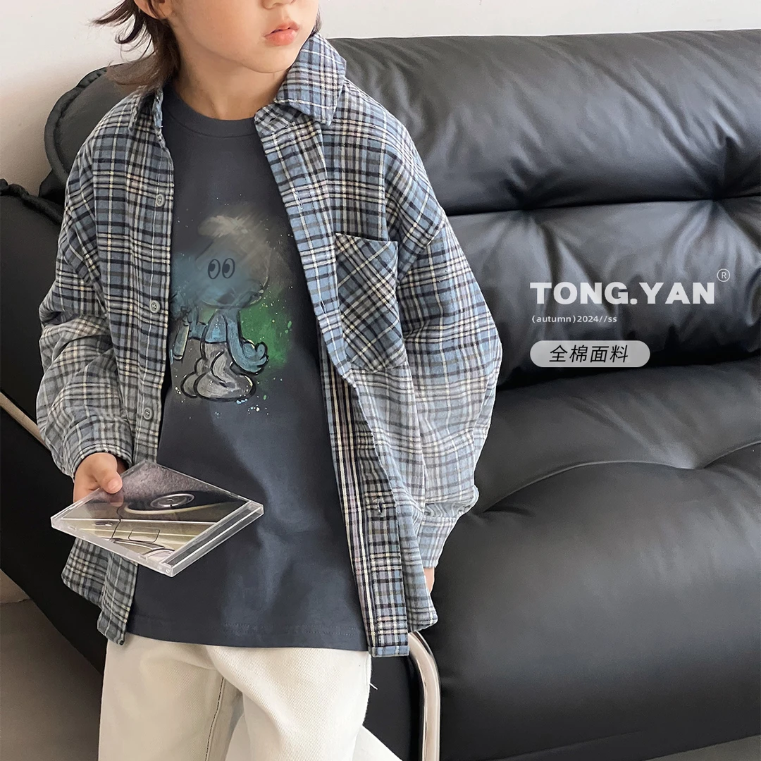 男童长袖衬衫秋季新款中大童百搭韩版儿童潮流格子衬衣ZE67187-1