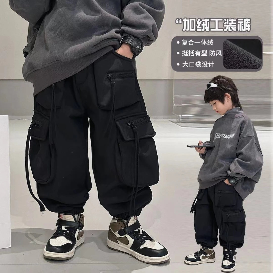 男童加绒裤子冬装新款中大童大口袋一体绒工装裤儿童长裤潮TY1017