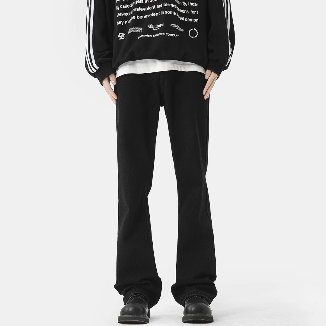 美式休闲clean fit微喇牛仔裤男女黑色显高修身高街牛仔裤休闲裤