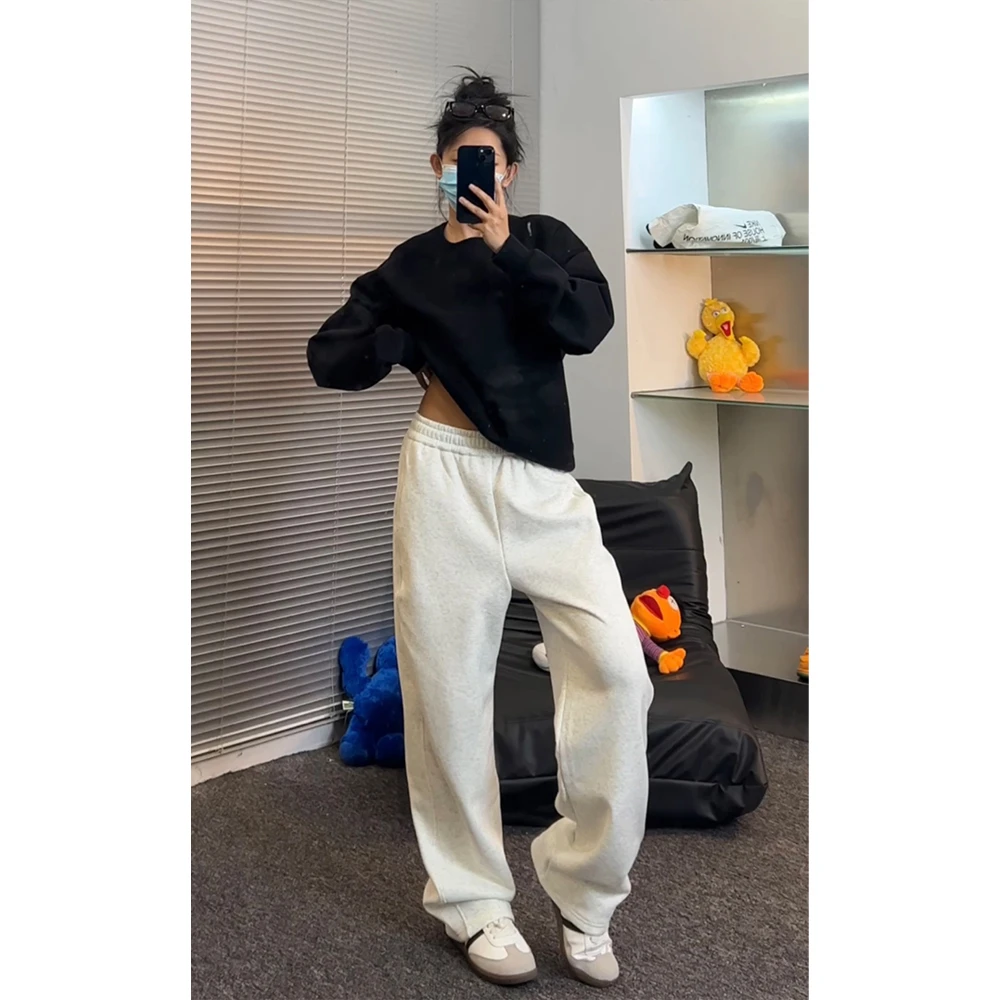 秋冬保暖加绒加厚弯刀男宽松百搭休闲长裤抽绳直筒灰色卫裤情侣潮