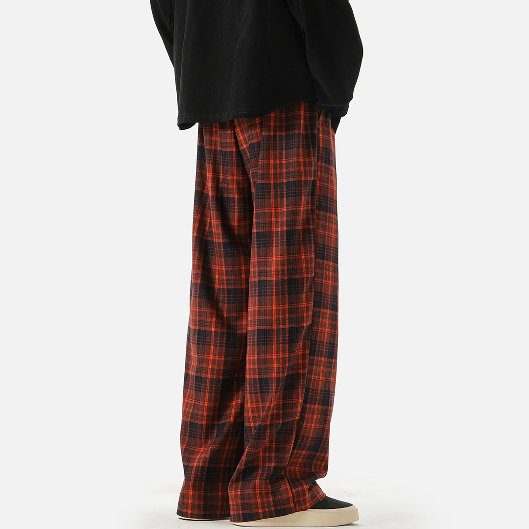 美式复古慵懒风红格子休闲裤男女百搭韩版宽松直筒拖地长裤情侣潮