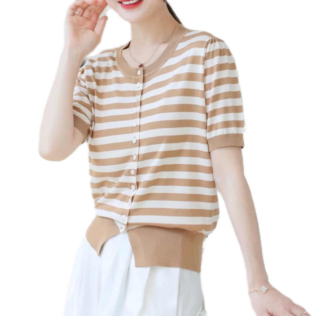 2023夏季新款桑蚕丝修身显瘦条纹时尚短款圆领短袖针织开衫上衣