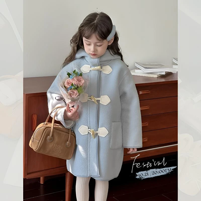 女童秋冬韩版中长款呢大衣加绒加厚连帽毛呢外套中大童冬季上衣