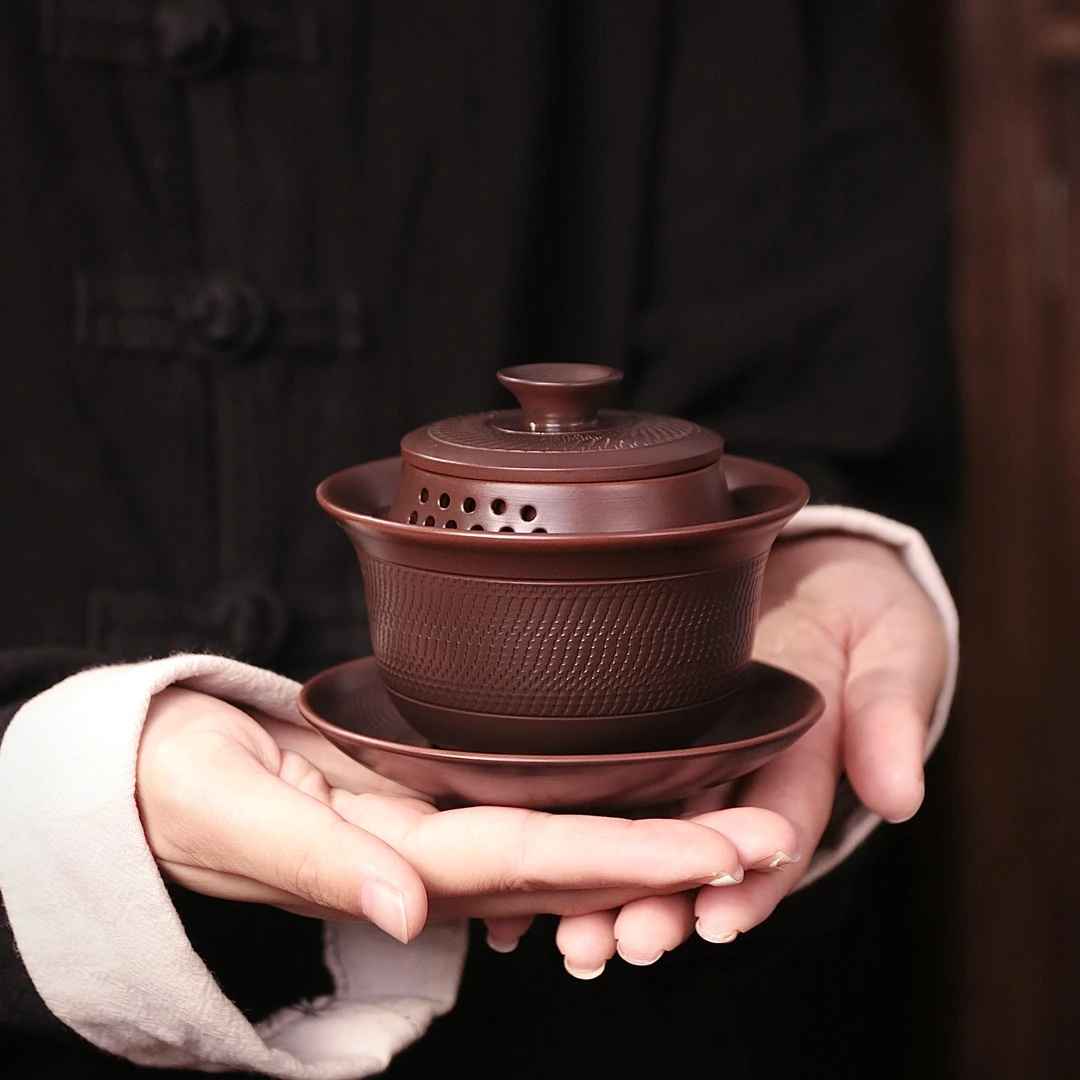 紫陶茶具三才盖碗茶杯带盖创意单个高档泡茶碗壶承功夫茶具S