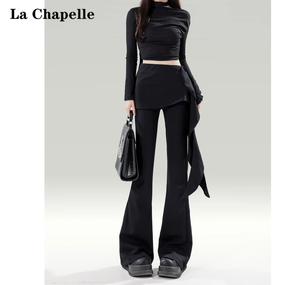 拉夏贝尔黑色休闲裤女紧身弹力高腰荷叶边长裤高腰【汤家限定】