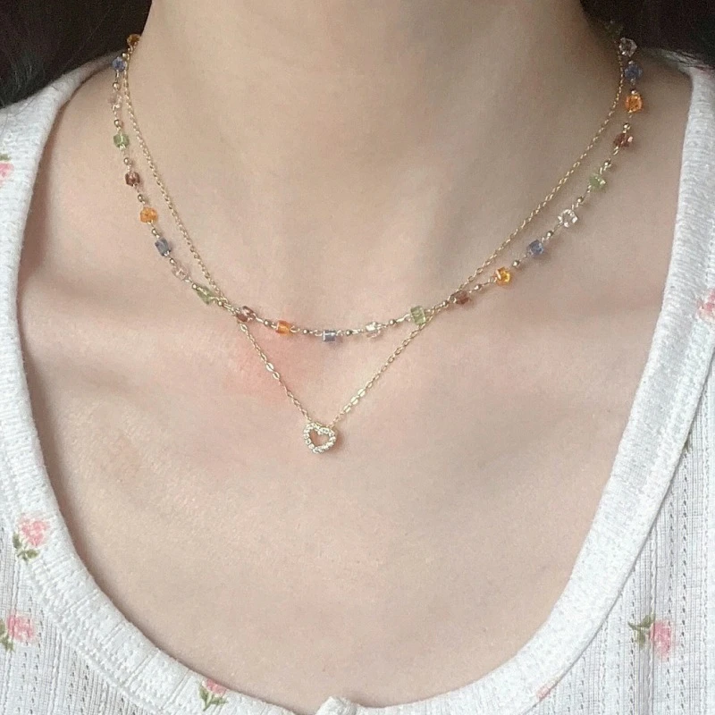 合金项链 夏日彩色水晶小爱心双层项链女叠戴锁骨链小众高级颈链