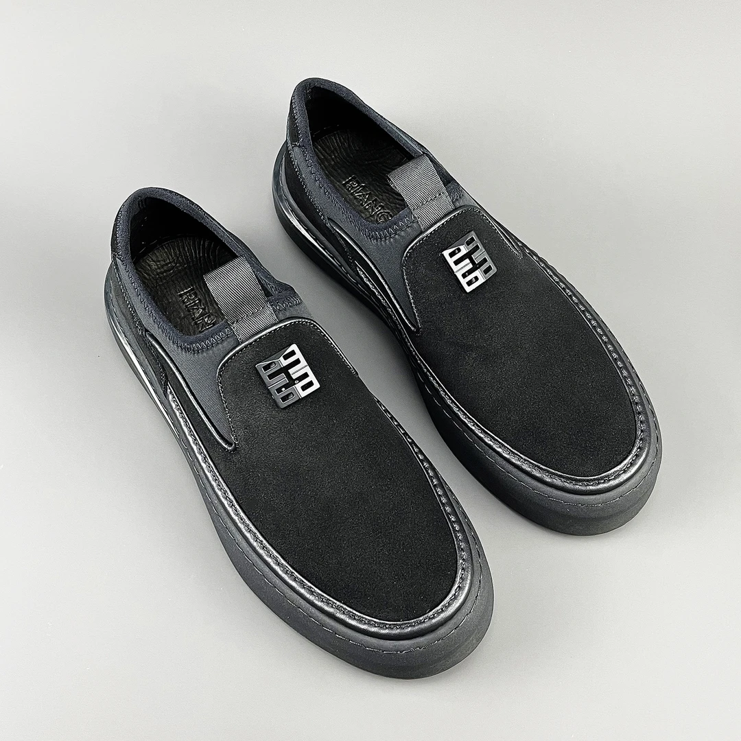 男士时尚百搭黑色磨砂皮休闲板鞋真皮透气潮鞋舒适一脚蹬乐福鞋男