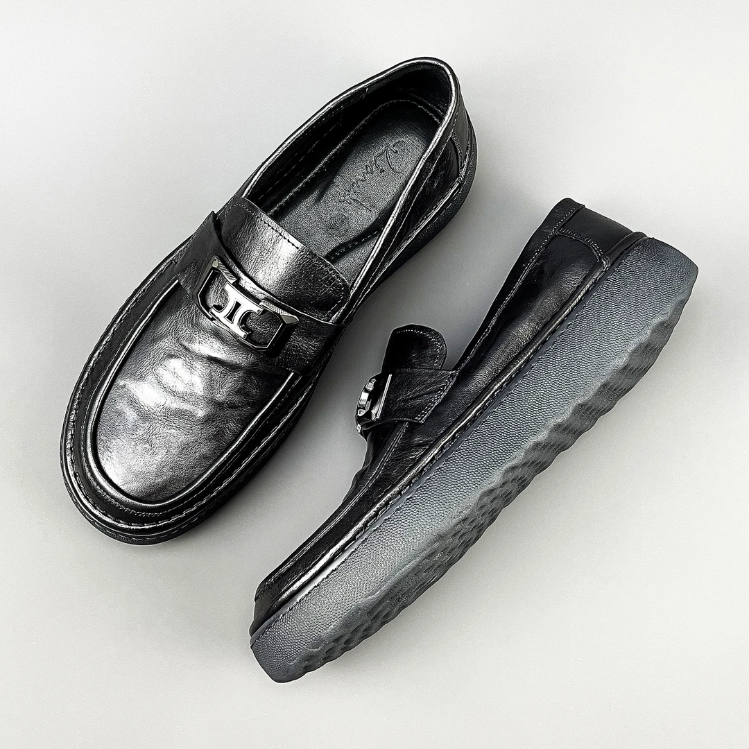 男士真皮潮流厚底男士休闲皮鞋透气英伦风豆豆鞋百搭软底乐福鞋男