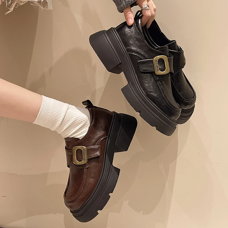 厚底粗跟小皮鞋女2025春秋新款增高英伦风乐福鞋松糕jk鞋通勤单鞋