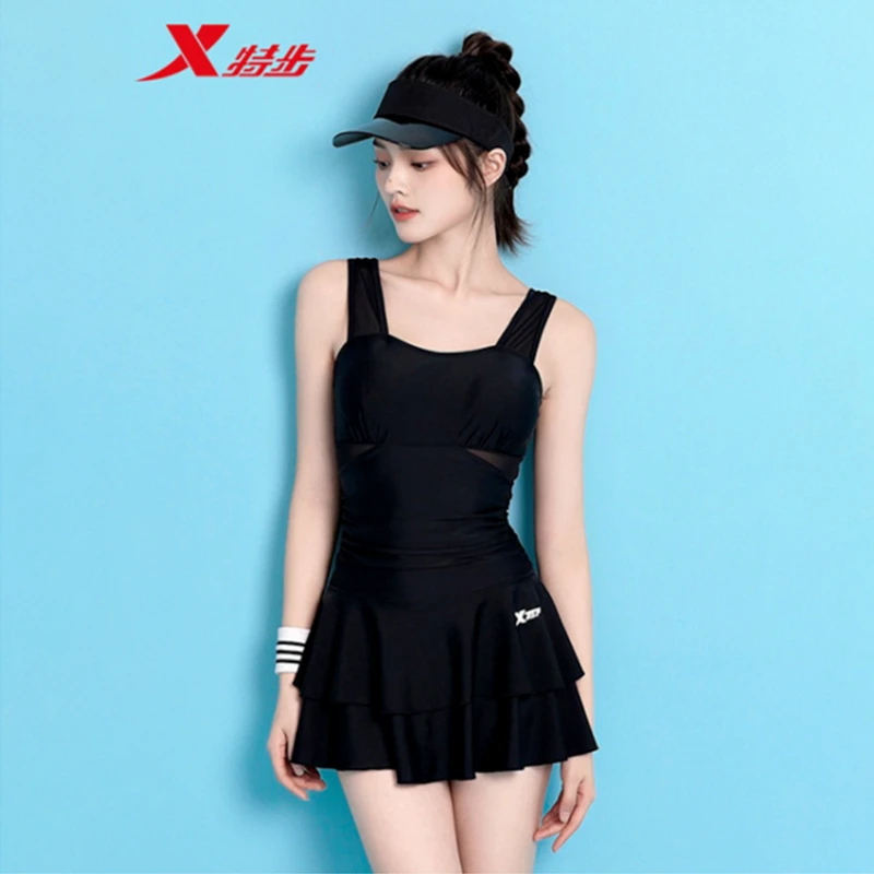 特步游泳衣女夏2024新款高级感网红风大码遮肉显瘦连体泡温泉泳装