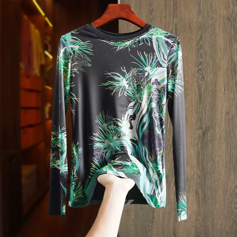 复古定位印花肌肤感网纱打底衫2023秋季新款时尚百搭设计感T恤女