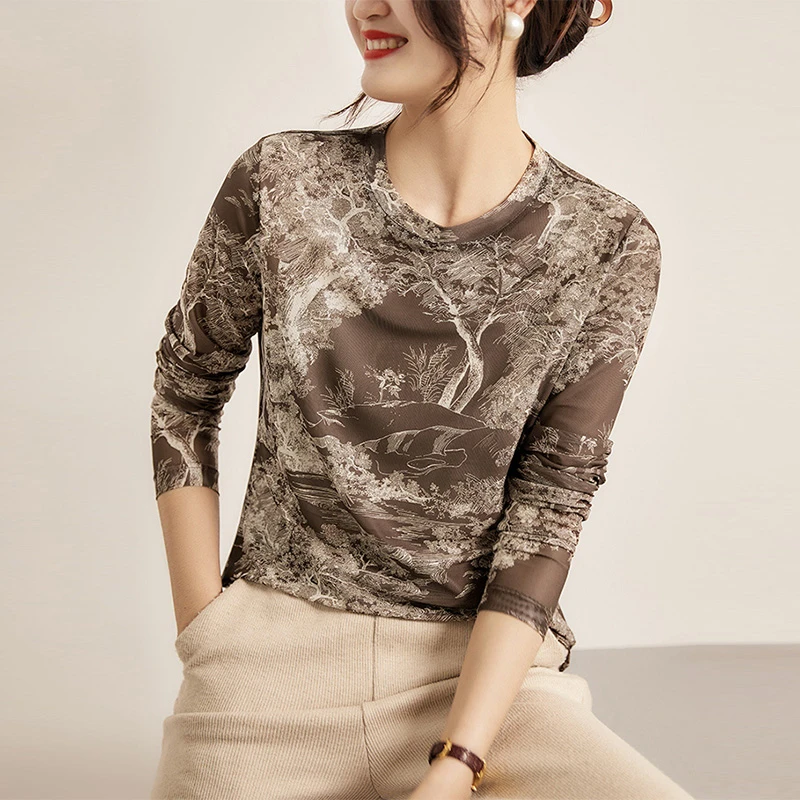 【小敏专属】水墨画亲肤网纱修身显瘦洋气T恤内搭外穿气质百搭上衣