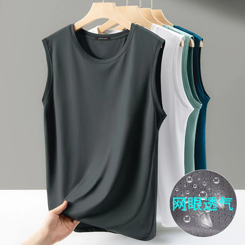 夏季冰丝薄款背心透气速干中老年男士健身圆领上衣宽松弹力纯色薄