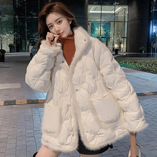 秋冬款短款羽绒服女2023新款小个子拼接水貂毛白鸭绒加厚款小香风