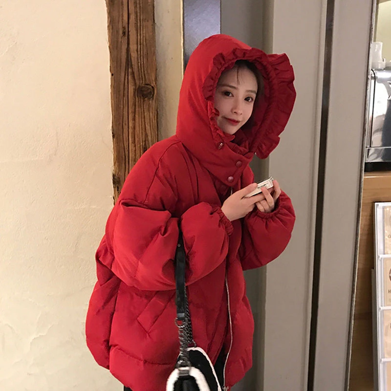 时尚款羽绒衣羽绒服2023新款爆款韩版学生红色短款连帽加厚宽松面