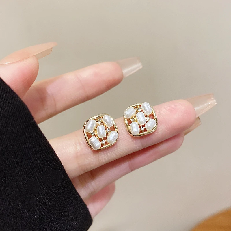 925银针复古港风方形珠珠耳钉女ins风小众简约几何