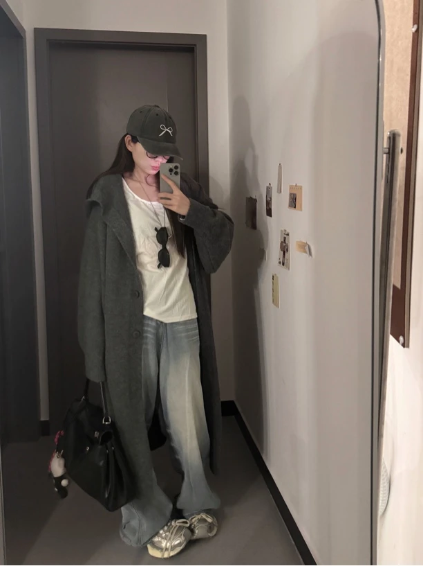 新款秋冬慵懒风毛衣外套韩系宽松版二粒扣连帽针织开衫中长款显瘦