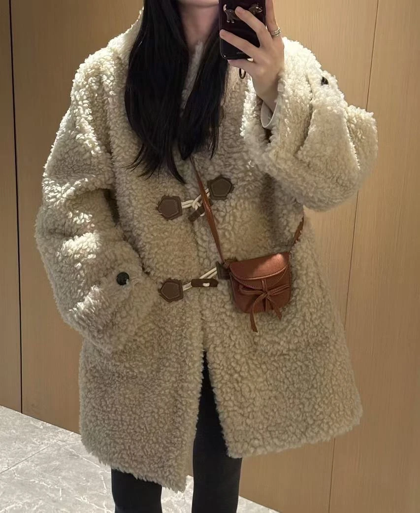 小浣熊毛毛外套秋冬保暖定制扣子中长款连帽外套宽松韩版加厚冬季