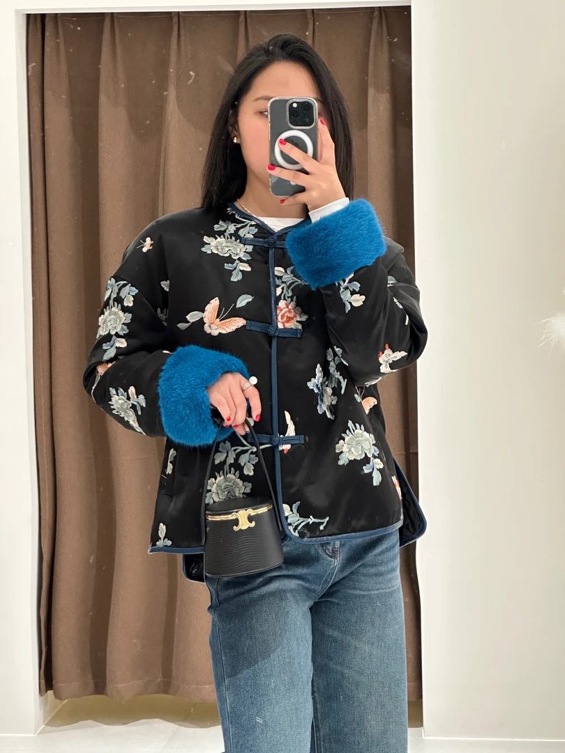 国风拼水貂鹅绒服上衣女外套