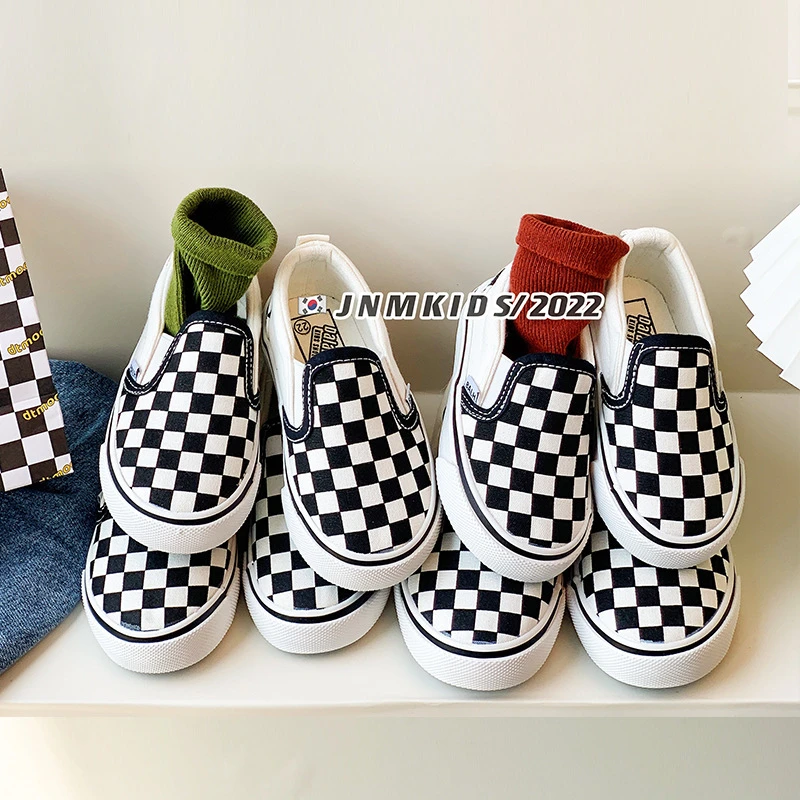韩版黑白格儿童帆布鞋春秋新款男女童一脚蹬板鞋中大童宝宝亲子鞋