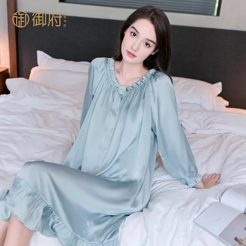 御府真丝睡裙夏季女士100%桑蚕丝睡衣长袖高级感甜美家居服连衣裙