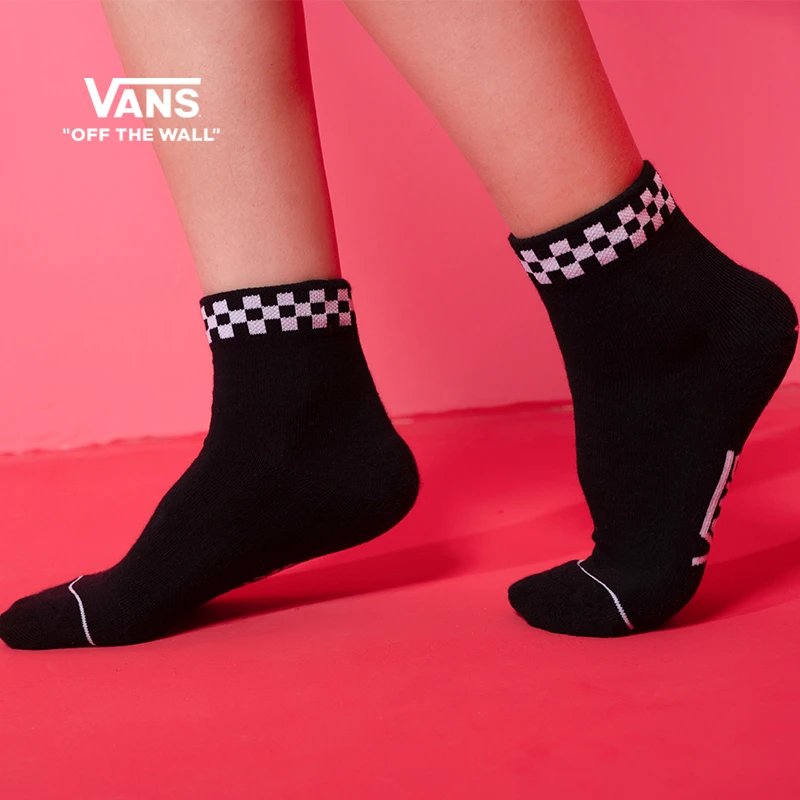 Vans范斯官方 黑白运动袜棋盘格中筒运动短袜女子透气袜子92BLK1