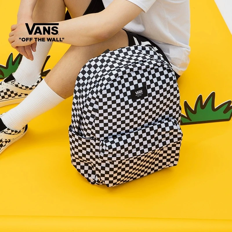 VANS范斯官方 情侣黑色经典棋盘格双肩包休闲百搭H4XY28