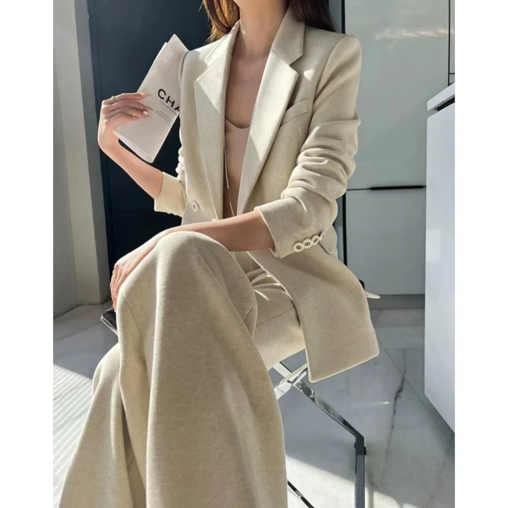 6117 杏色西装套装女2024秋冬款时尚气质职业西服套装两件套