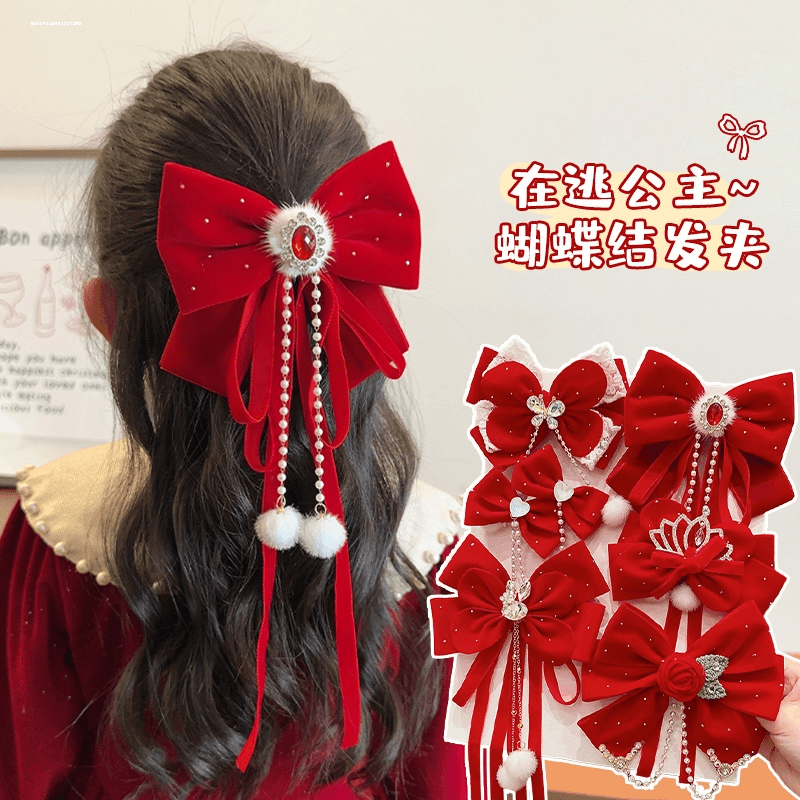 精致顶夹质感2024后脑勺丝绒蝴蝶结飘带发夹发饰小众显白头饰设计