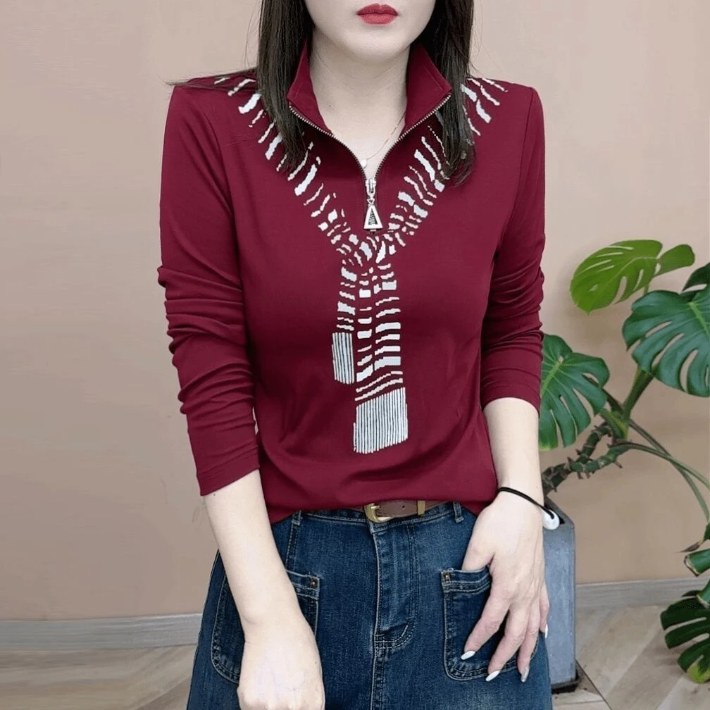 春秋新款女装围巾印花正长袖T恤时尚减龄遮肚显瘦百搭修身上衣