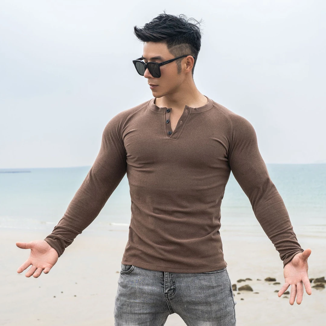 新健身运动男跑步锻炼亨利衫双面绒弹力修身纽扣打底弹力纯色长袖